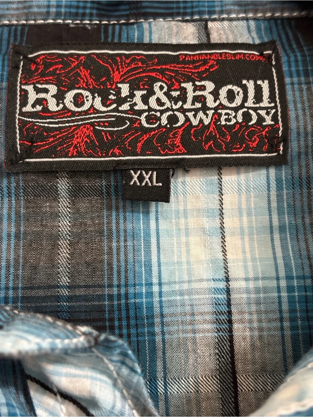 Rock & Roll Cowboy Long Sleeve Western Pearl Snap Blue Black Plaid Shirt 2XL